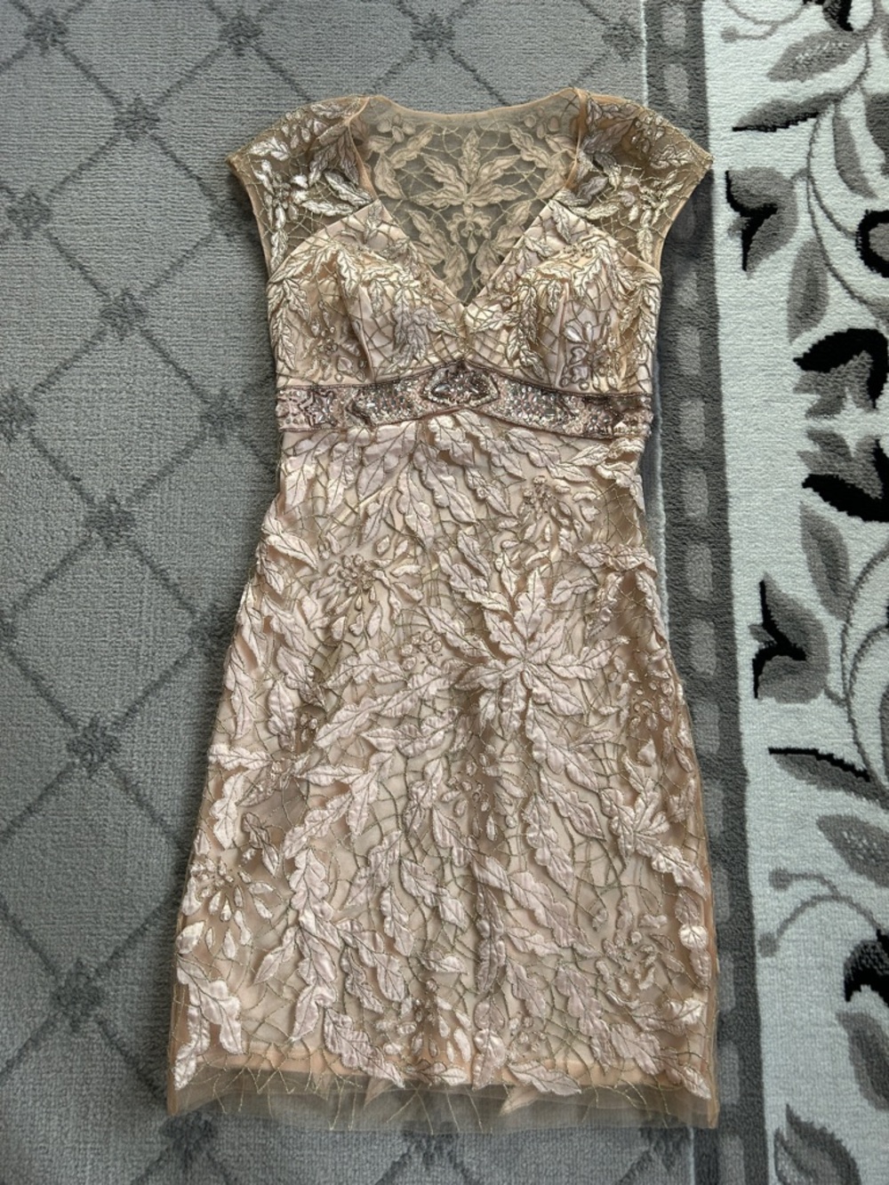 Sue Wong Blush Gold Lace-Embellished Midi Dress